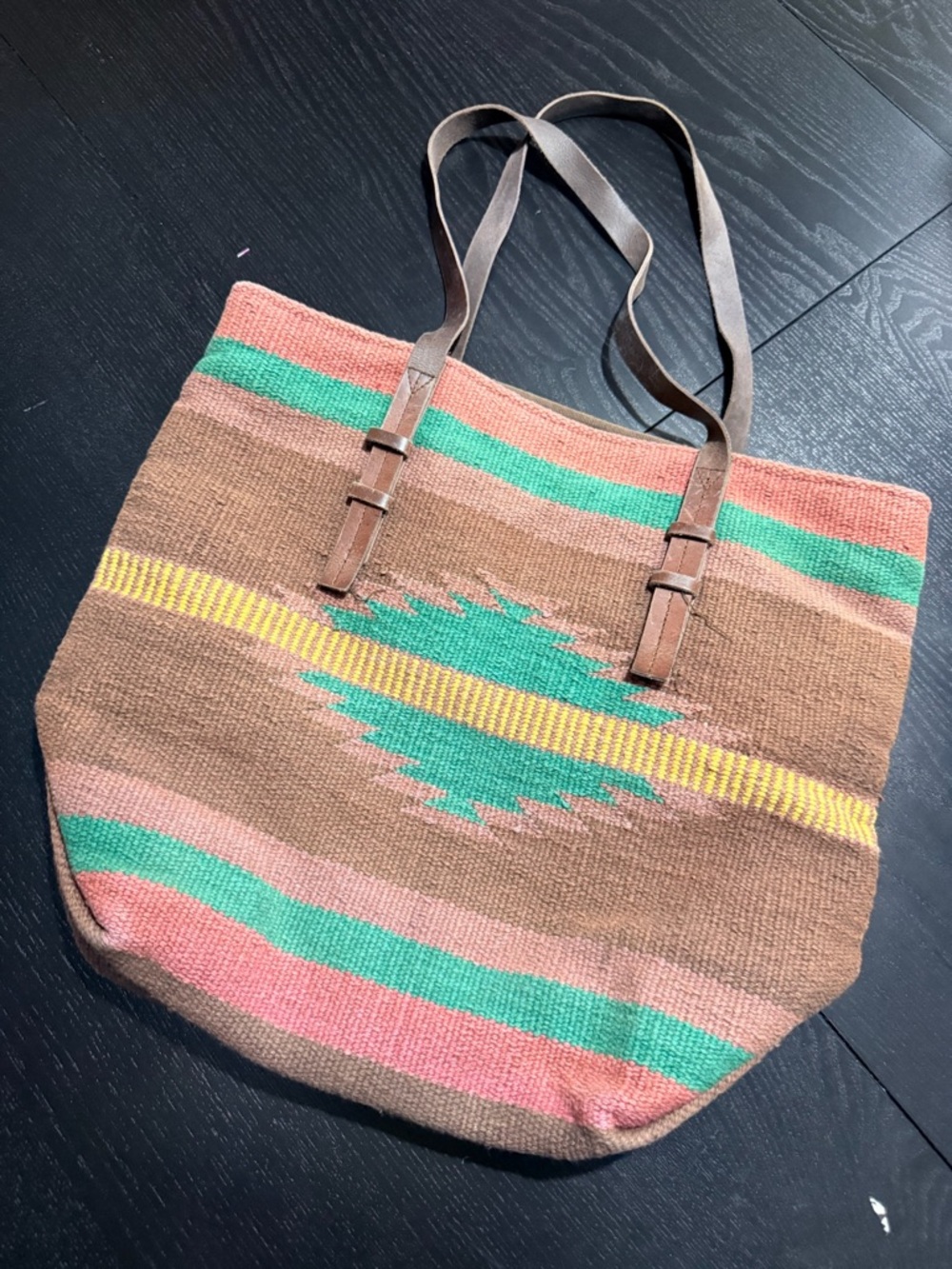Woven Striped Tote Bag in Brown, Teal & Pink